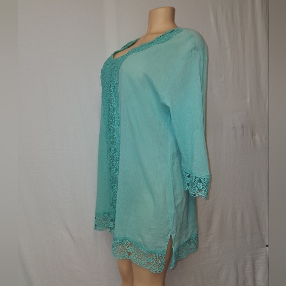 Isaac Mizrahi Teal Tunic with Pink Label Cochet Beach Cover Up SzL - Picture 11 of 17